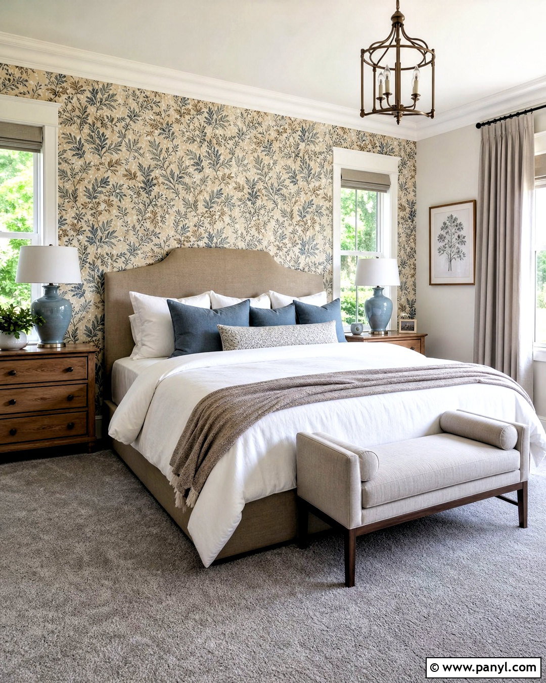 Gray Carpet Bedroom With Patterned Wallpaper - 20 gray carpet bedroom ideas