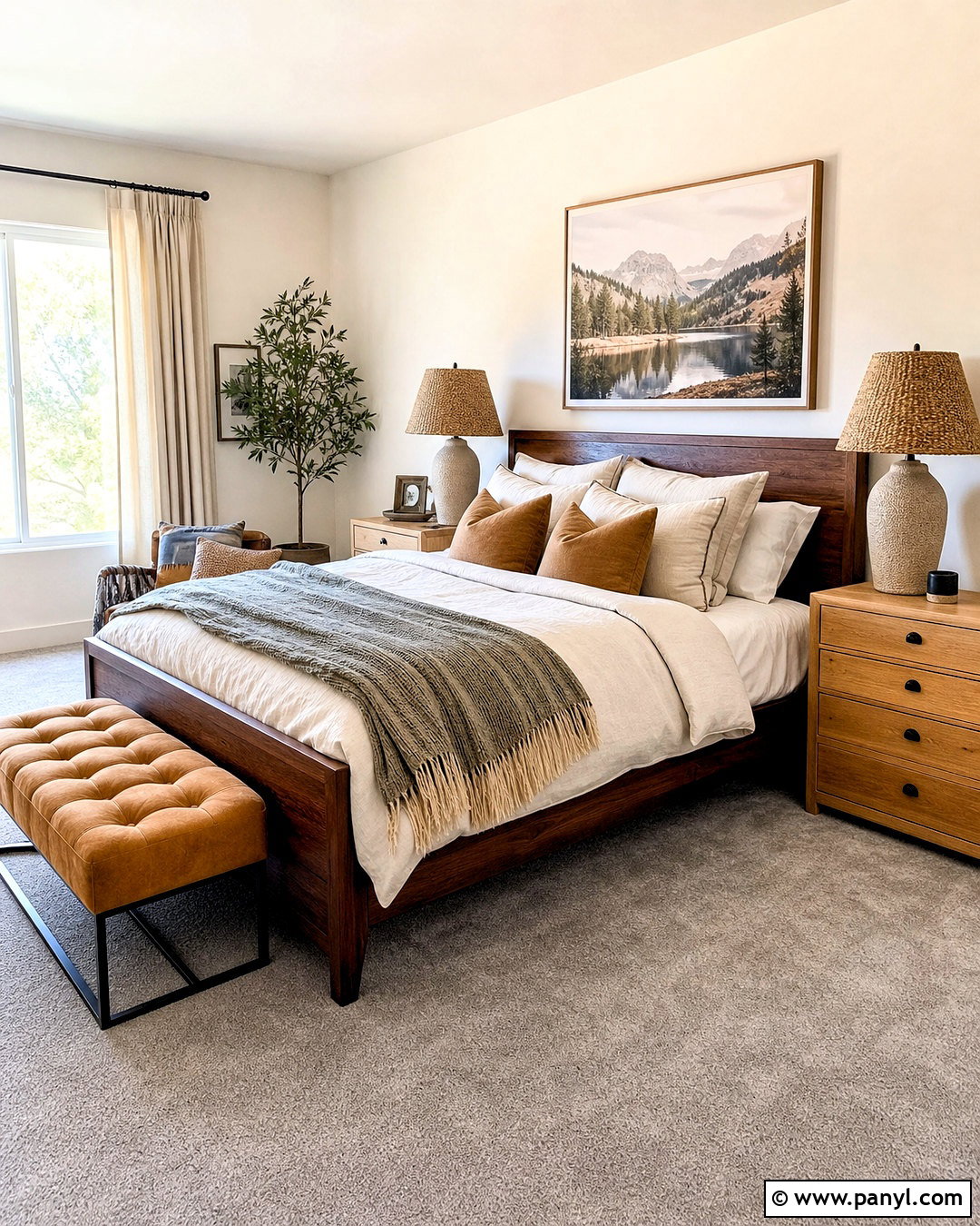 Gray Carpet Bedroom With Warm Wood Furniture - 20 gray carpet bedroom ideas
