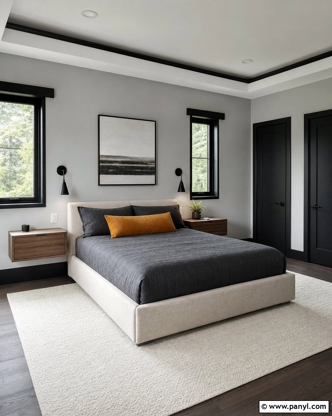 Gray Contemporary Bedroom With Black Trim - 35 gray walls with black trim ideas