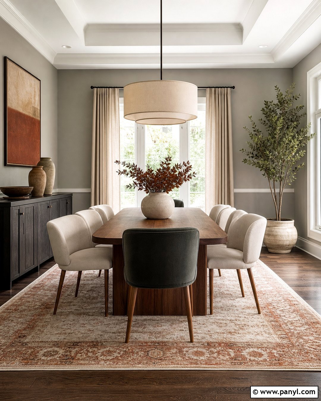 Gray Dining Room With Walnut Furniture - 25 Room With Gray Walls