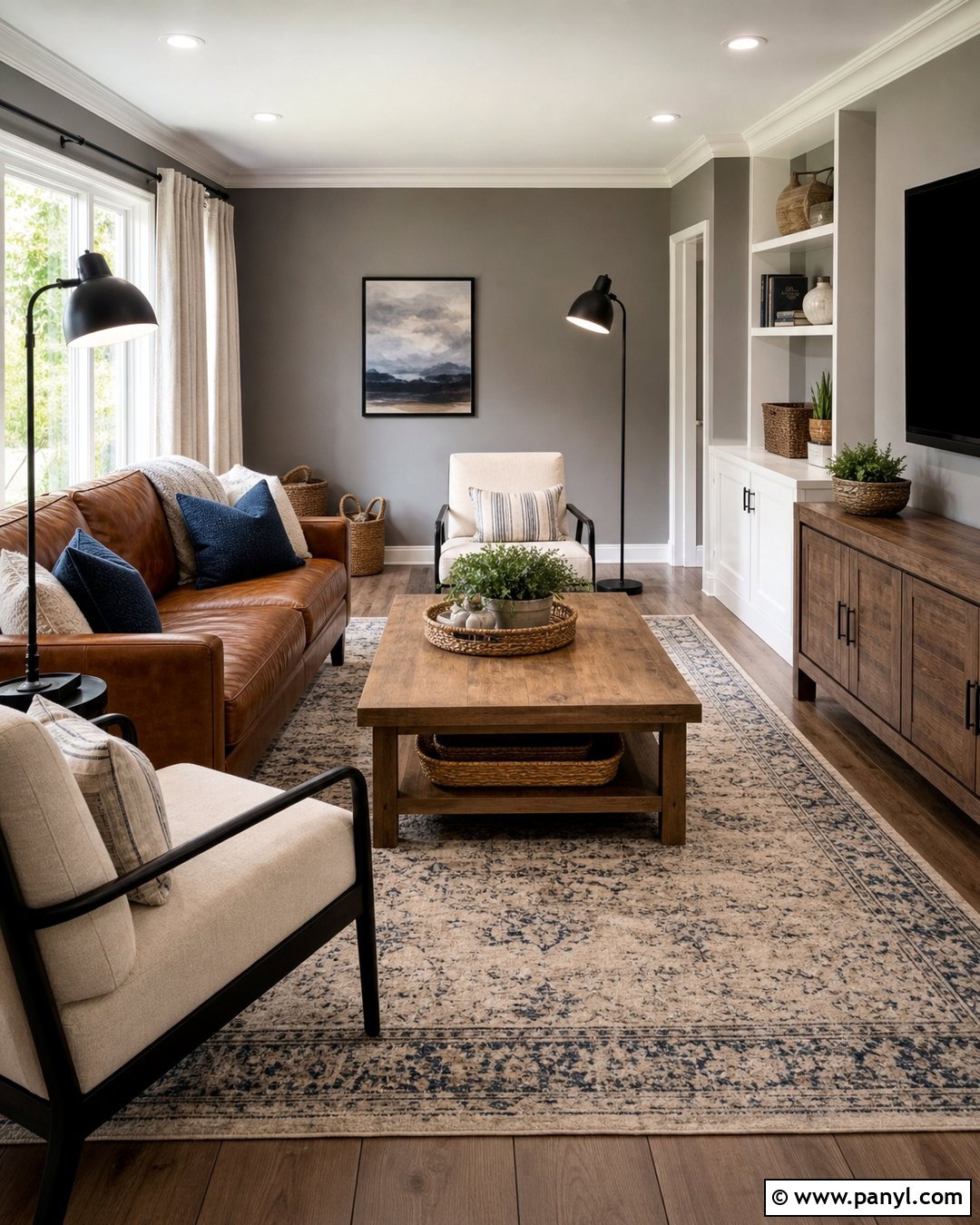 Gray Family Room With Cognac Leather - 25 Room With Gray Walls