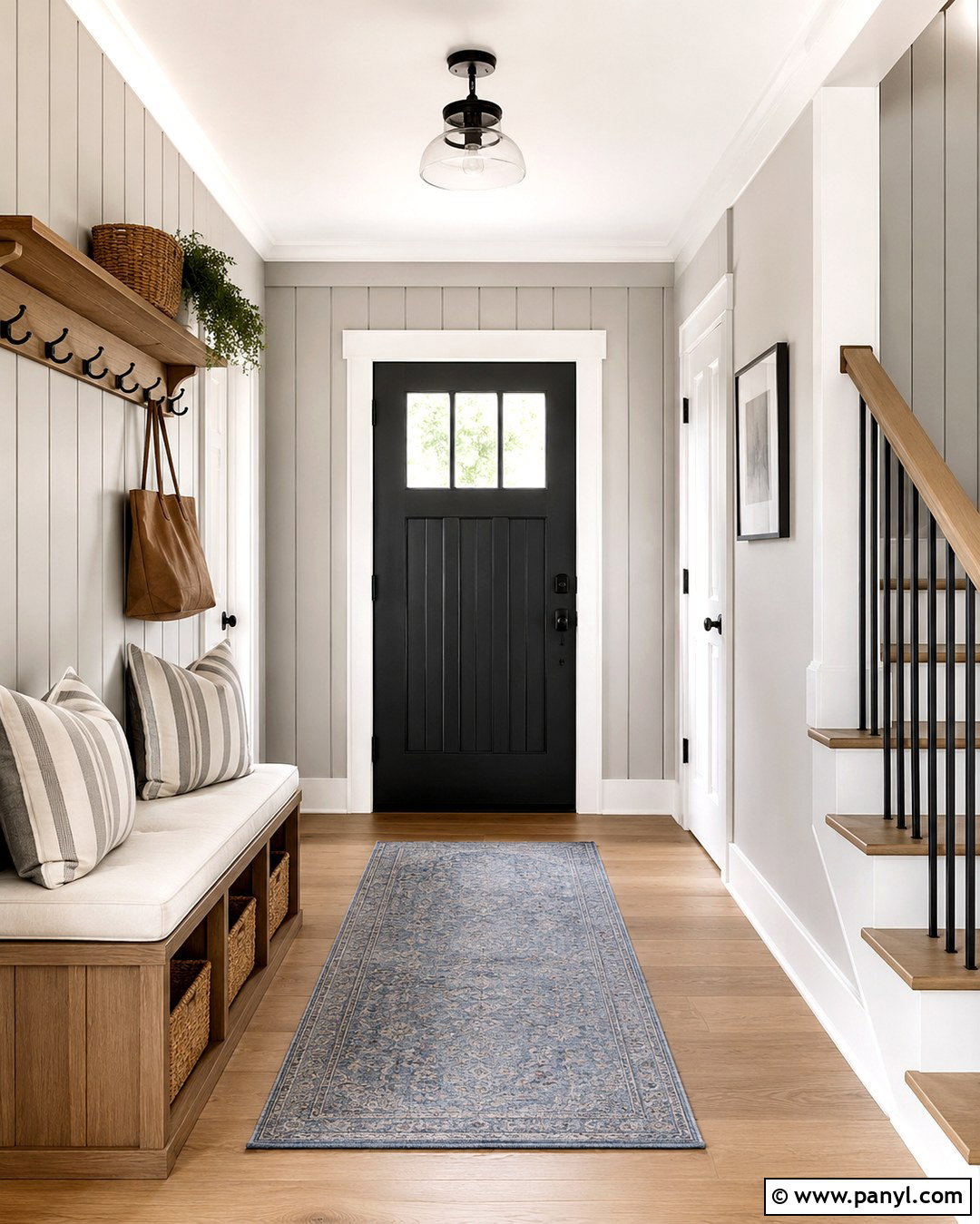 Gray Farmhouse Entry With Black Door - 20 Black Door Grey Walls