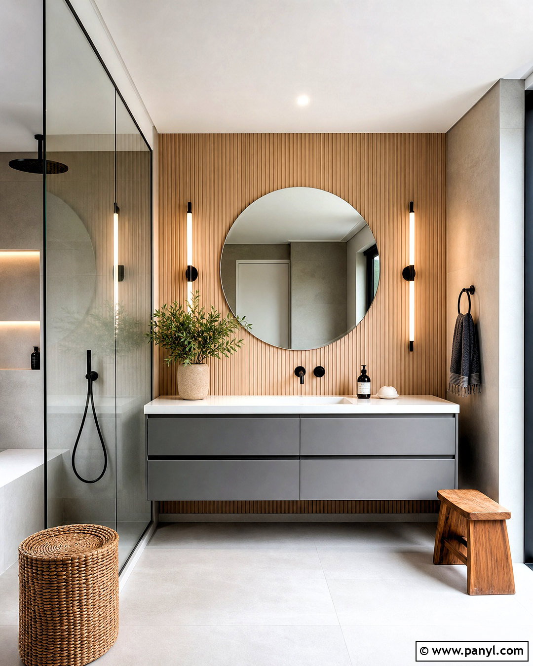Gray Floating Vanity With Wood Accents - 20 gray vanity bathroom ideas
