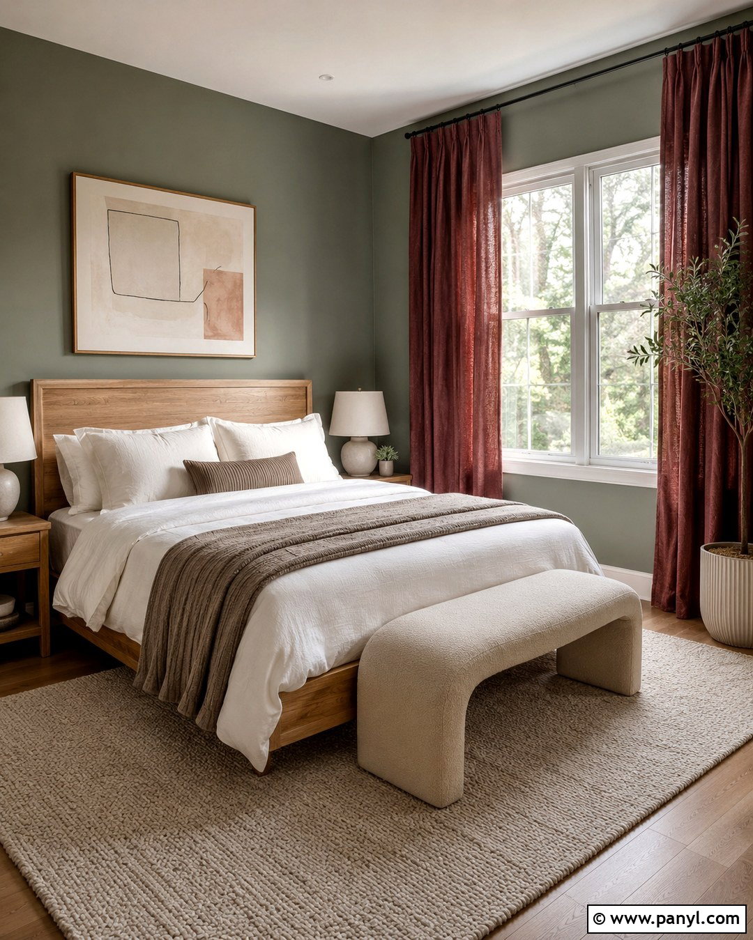 Gray Green Bedroom With Rose Red Curtains - 20 Green Walls Red Curtains