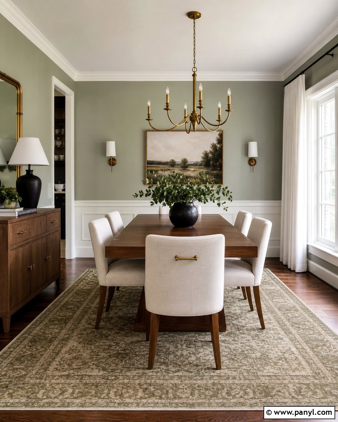 Gray Green Dining Room With White Trim - 20 Light Green Walls With White Trim Ideas