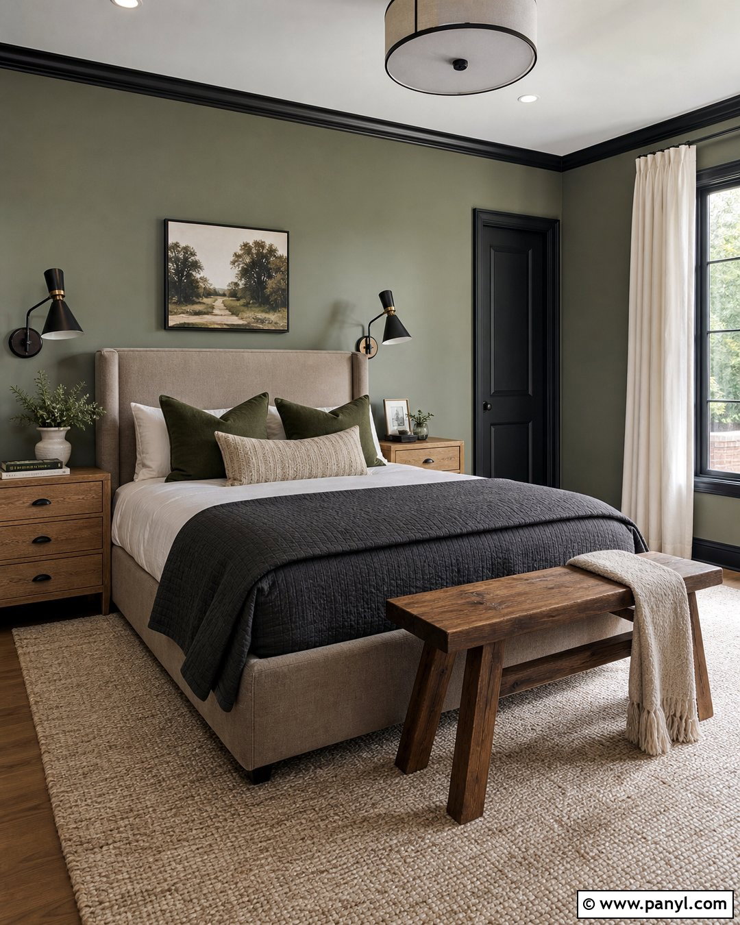 Gray Green Guest Room With Black Trim - 25 Green Wall Black Trim Ideas