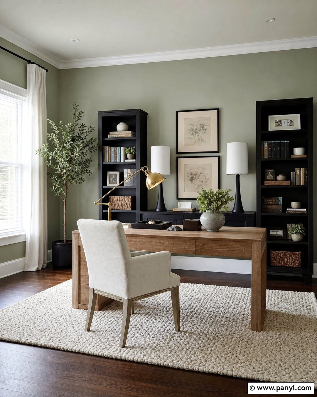Gray Green Home Office With Dark Hardwood Floors - 20 Light Green Walls Dark Floors