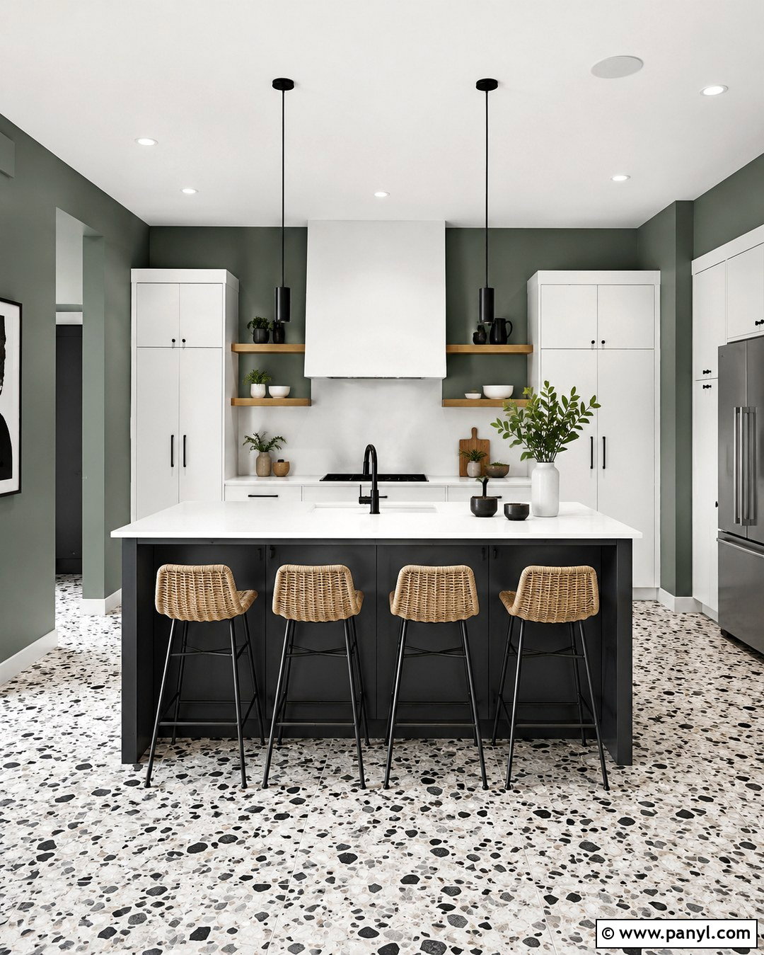 Gray Green Walls With Black And White Terrazzo - 20 Black And White Kitchen With Green Walls