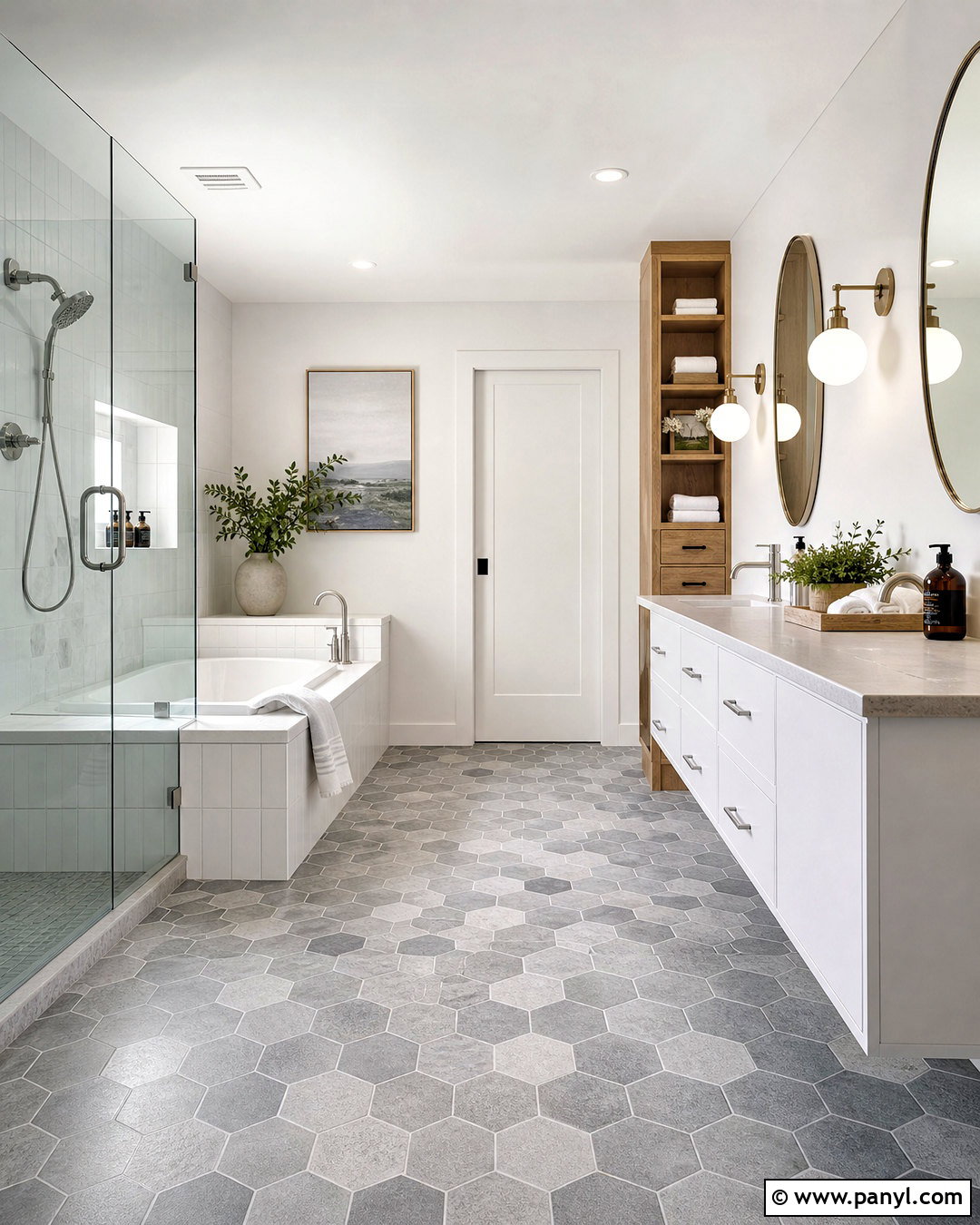 Gray Hexagon Floor Bathroom - 20 grey and white bathroom ideas