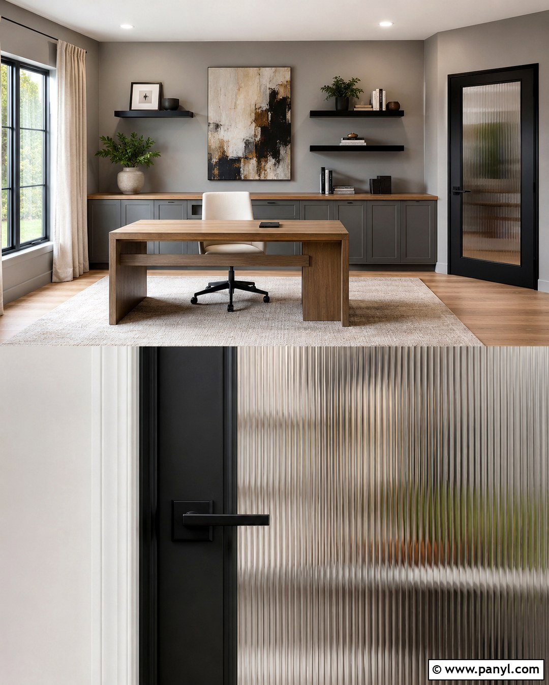 Gray Home Office With Black Glass Door - 20 Black Door Grey Walls