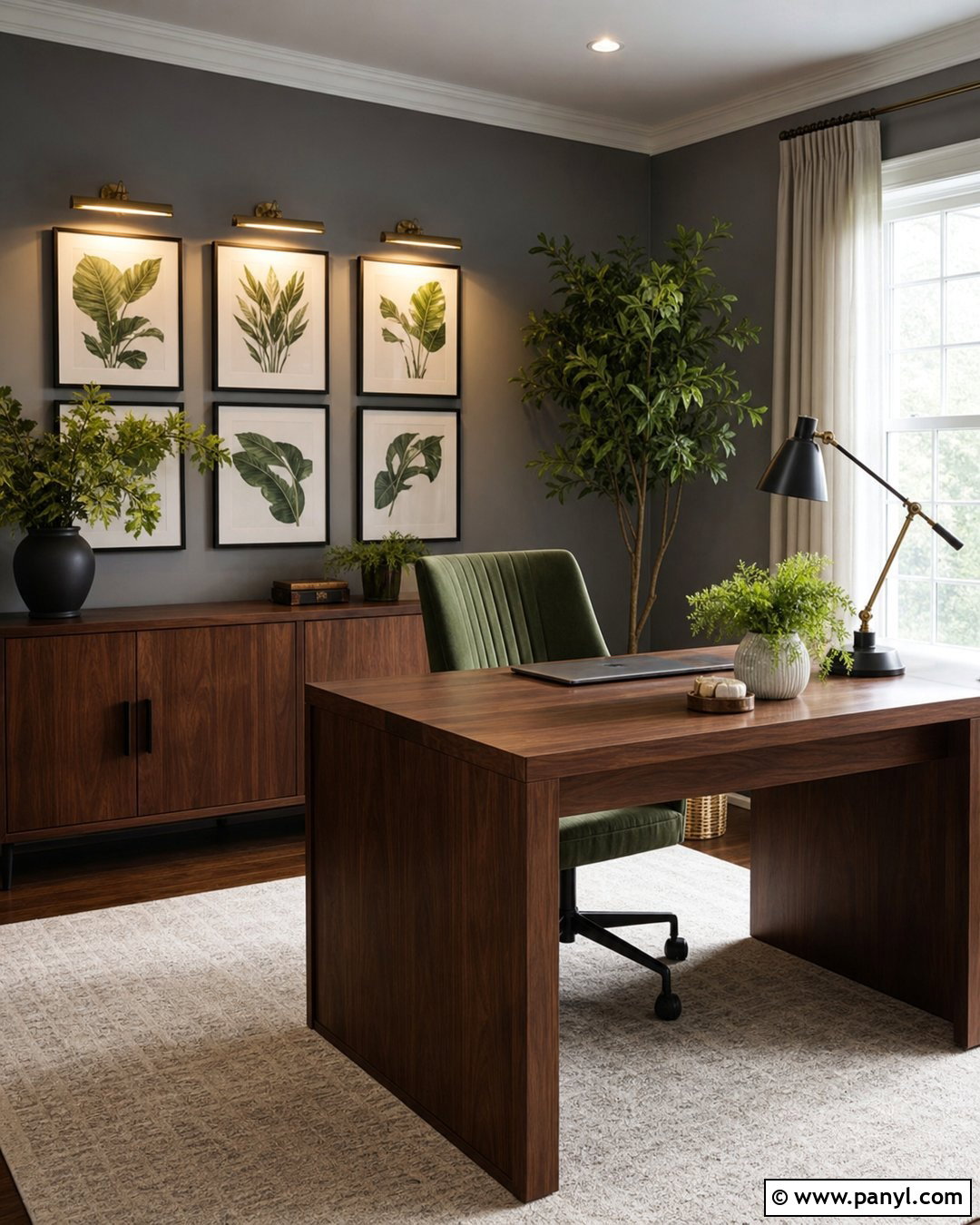 Gray Home Office With Green Accents - 25 Room With Gray Walls
