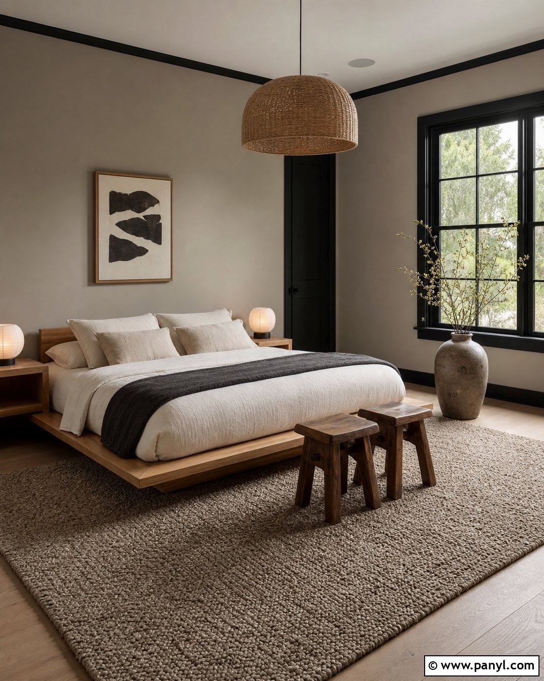 Gray Japandi Bedroom With Black Trim - 35 gray walls with black trim ideas