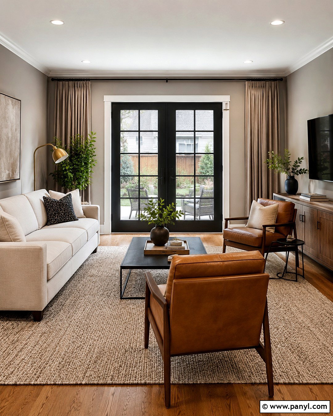 Gray Living Room With Black French Doors - 20 Black Door Grey Walls