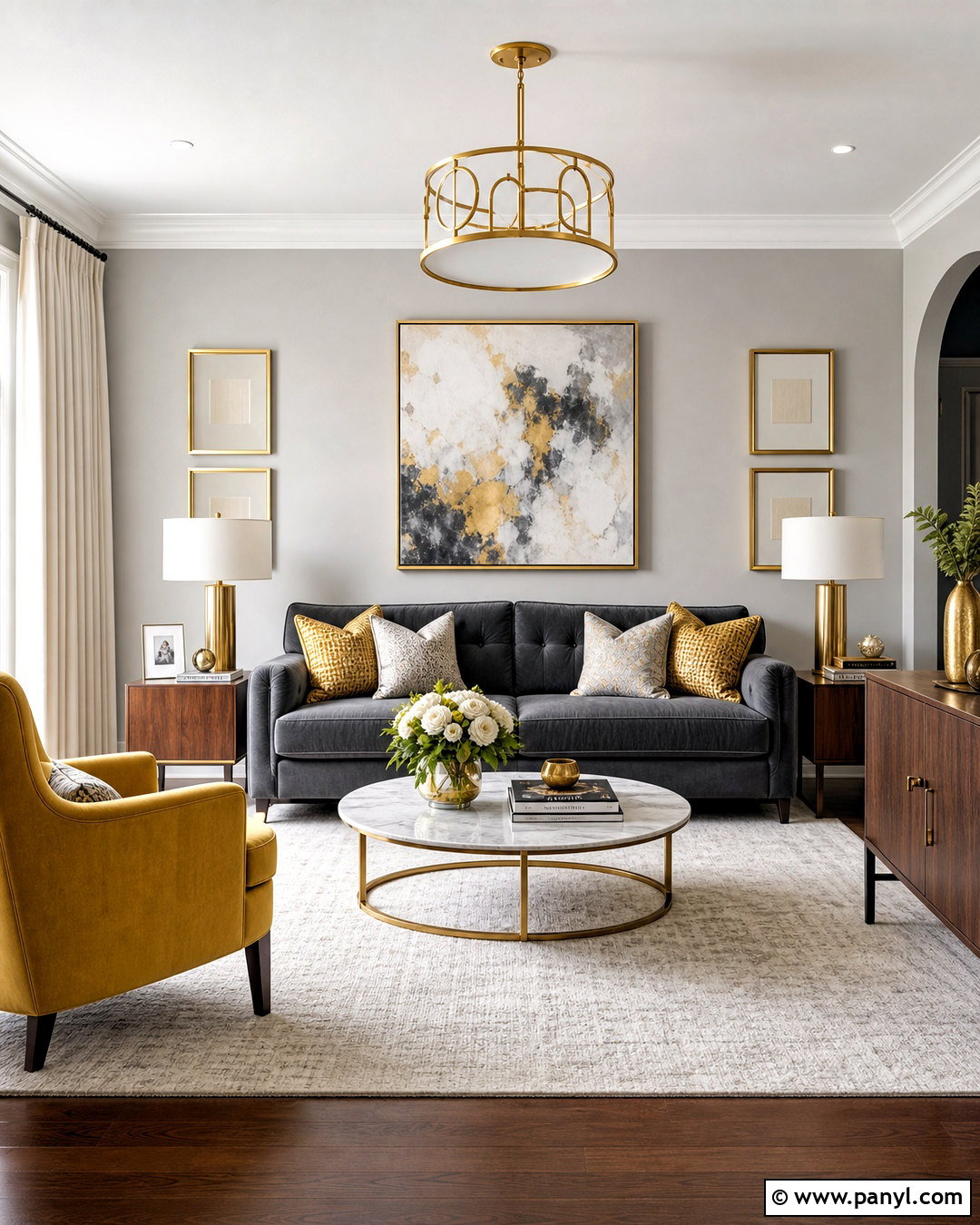 Gray Living Room With Soft Gold - 20 accent colors for gray living room ideas