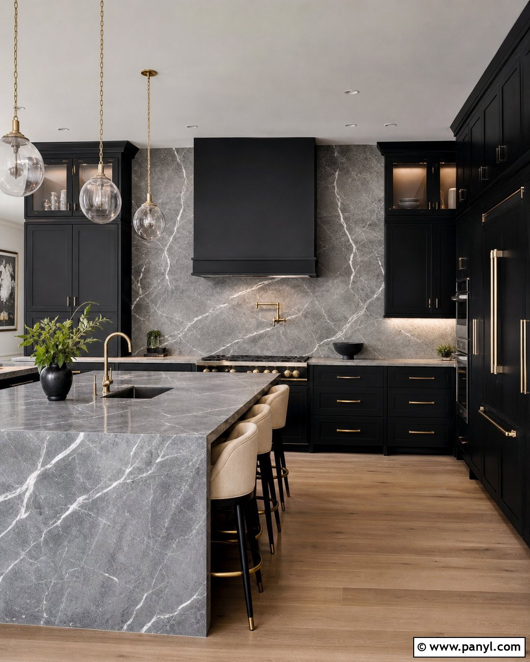 Gray Marble Accent Wall With Black Cabinets - 20 Modern Kitchen With Gray Accent Wall Ideas