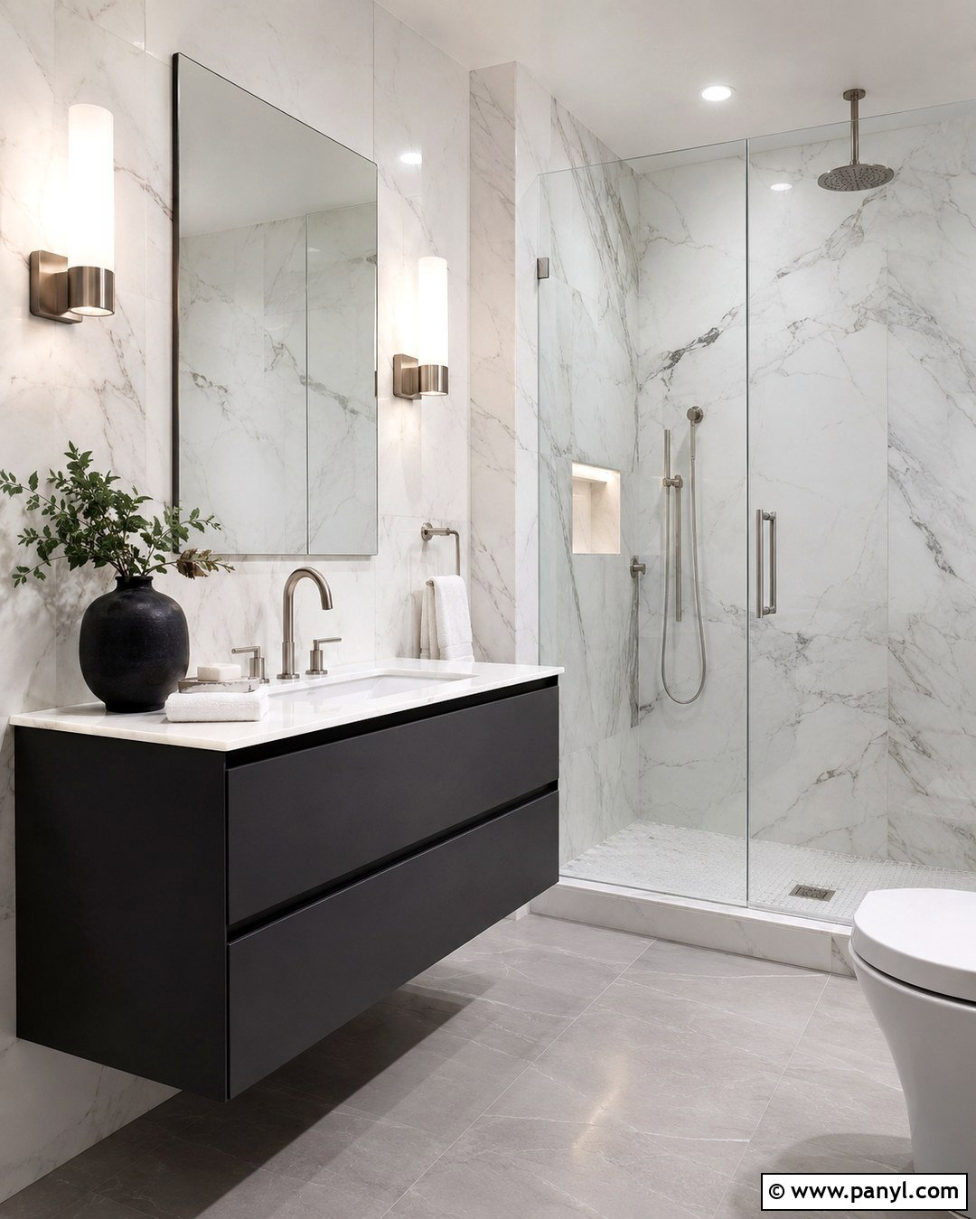 Gray Marble Walls With Floating Vanity - 20 Small Bathroom With Gray Walls