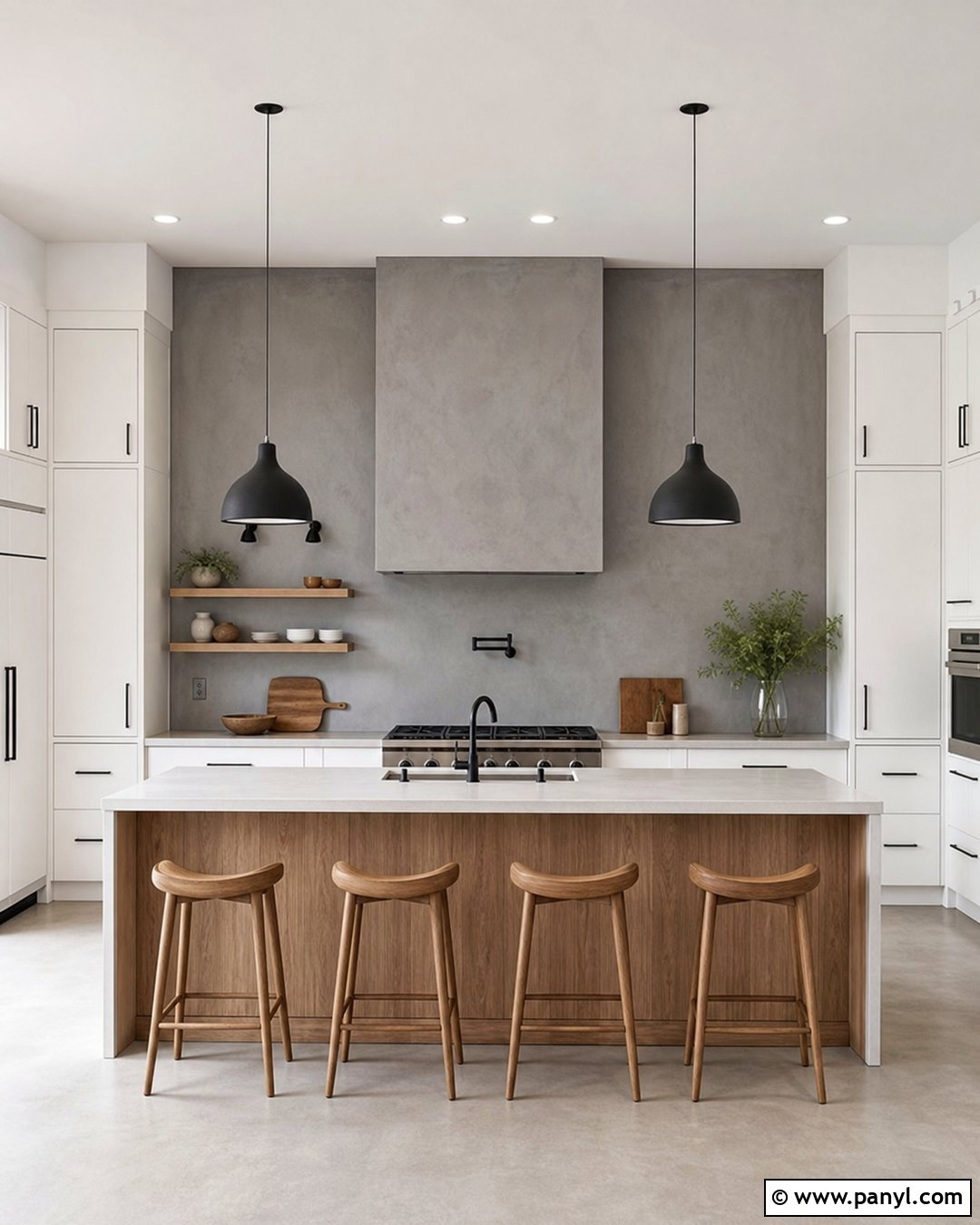 Gray Microcement Accent Wall With Oak Island - 20 Modern Kitchen With Gray Accent Wall Ideas