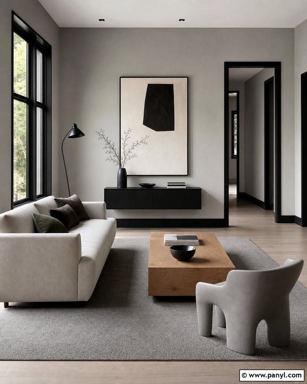 Gray Minimalist Living Room With Black Trim - 35 gray walls with black trim ideas