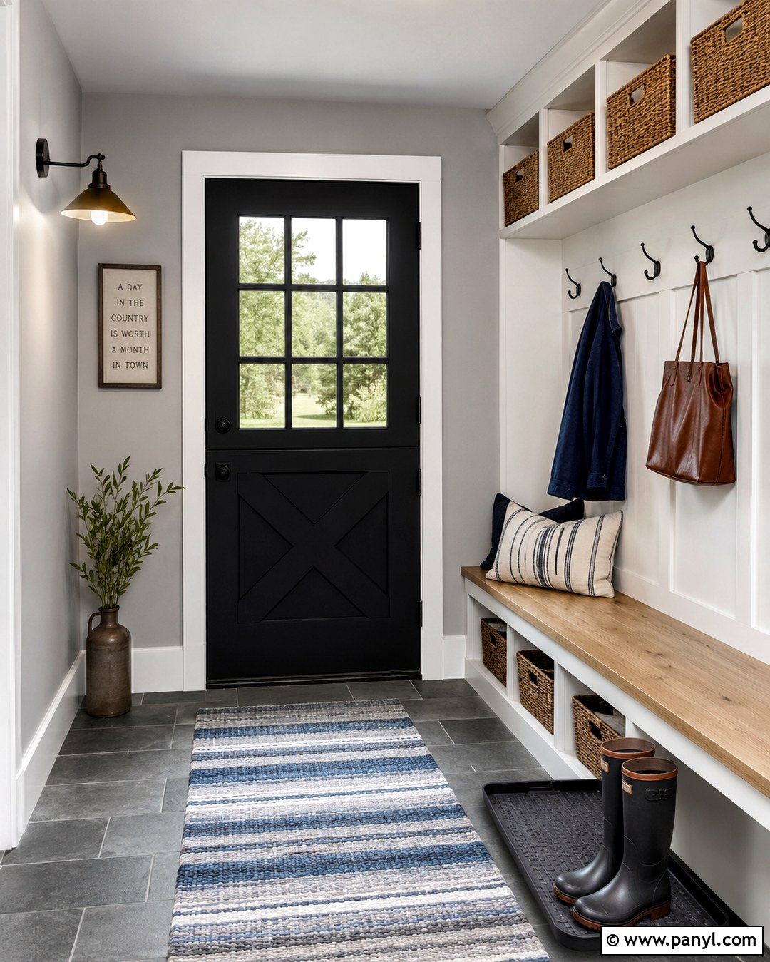 Gray Mudroom With Black Dutch Door - 20 Black Door Grey Walls