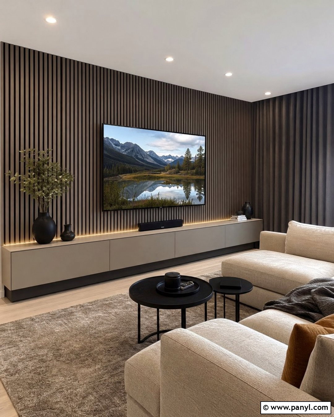 Gray Oak Slat Wall Media Room - 20 Neutral Color Slat Wall Ideas