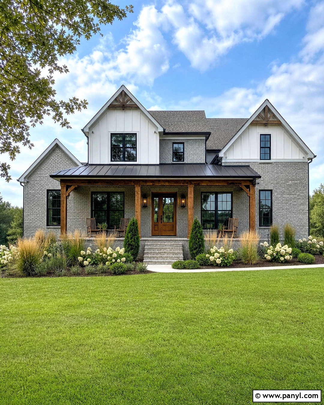 Gray Painted Brick Farmhouse With Wood Porch - 20 grey painted brick ideas