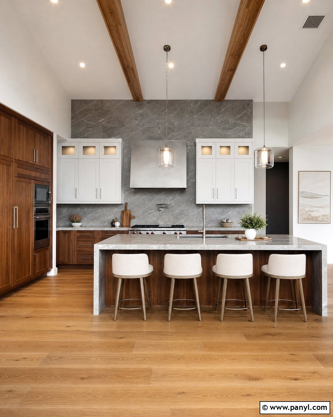 Gray Stone Accent Wall With Walnut Cabinets - 20 Modern Kitchen With Gray Accent Wall Ideas