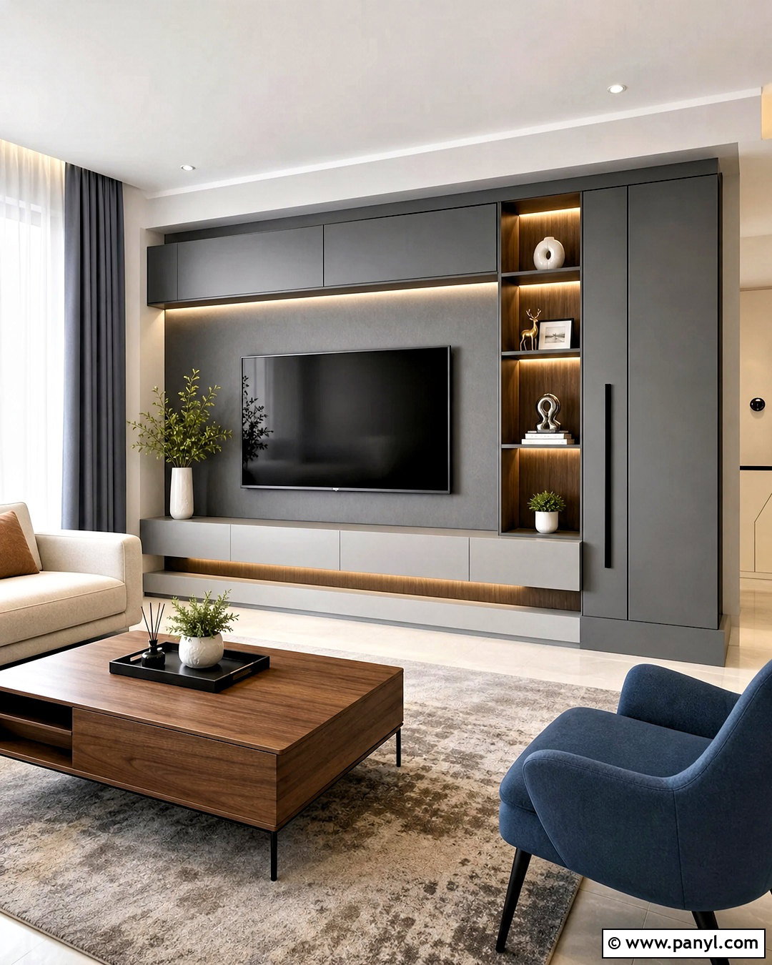 Gray TV Unit With Matte Cabinets - 20 tv unit design modern ideas