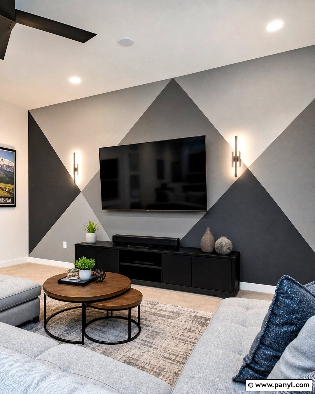 Gray Triangle Wall Media Room - 20 triangle painted wall ideas