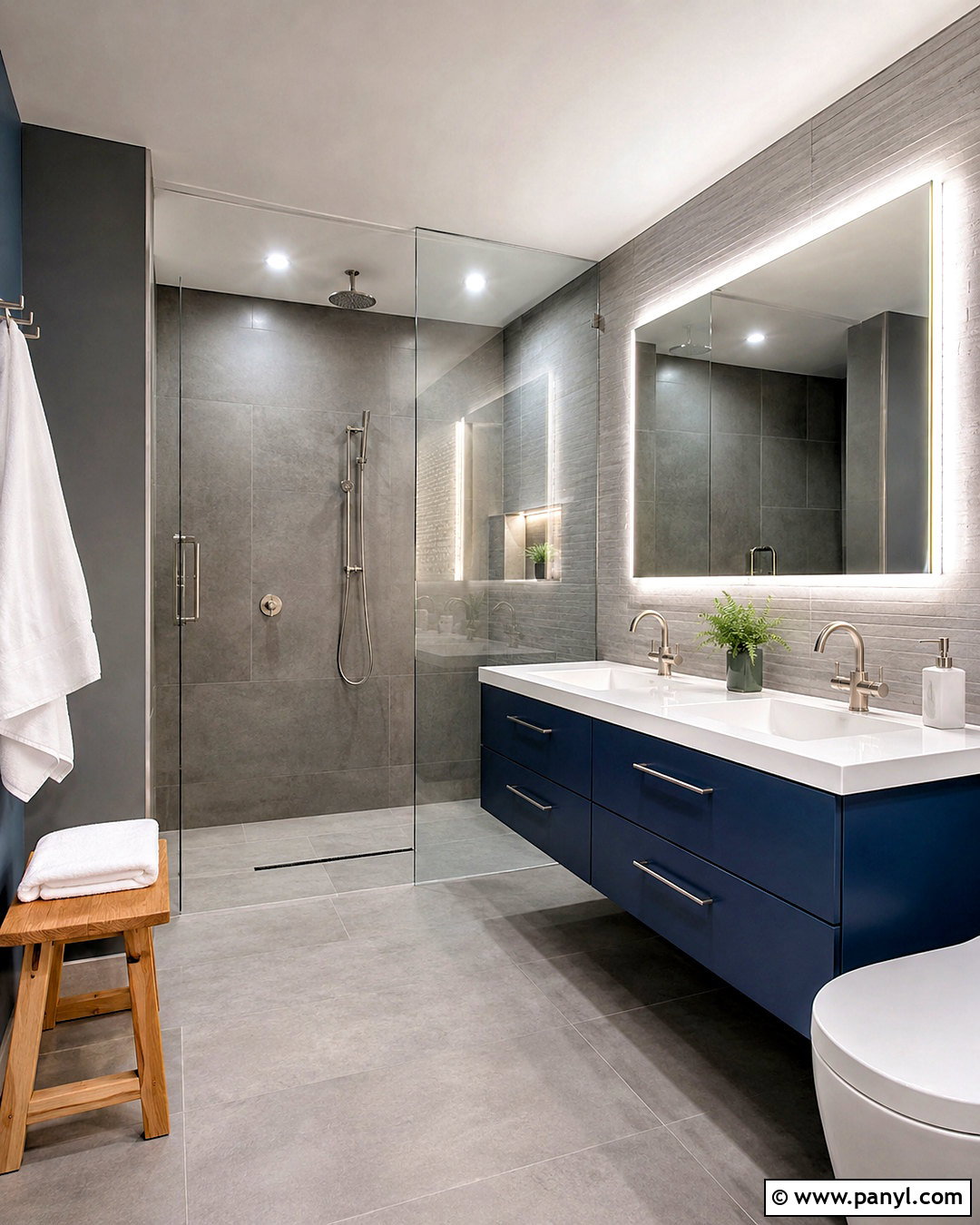 Gray Walk-In Shower With Blue Vanity - 20 blue and grey bathroom ideas