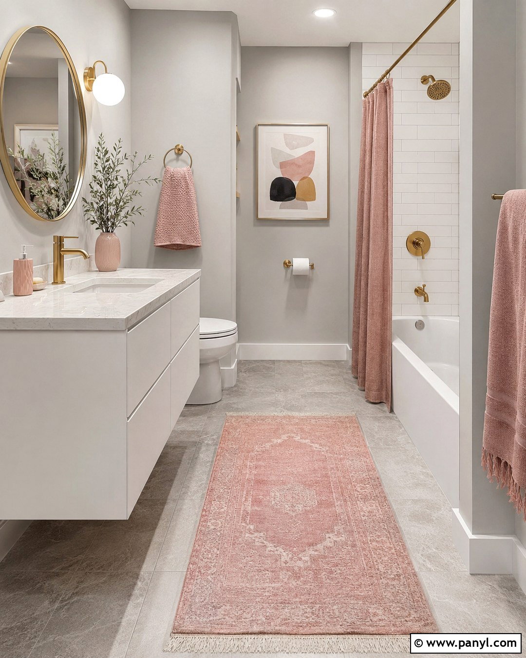 Gray Walls With Blush Pink Decor - 20 Small Bathroom With Gray Walls