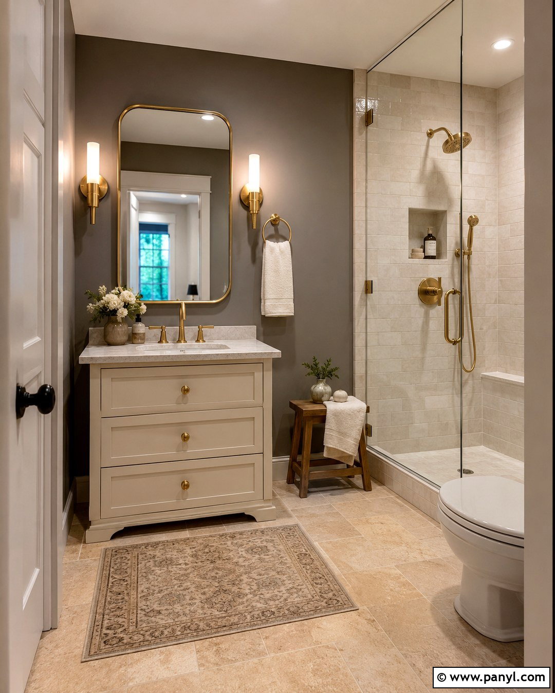Gray Walls With Brushed Brass Accents - 20 Small Bathroom With Gray Walls