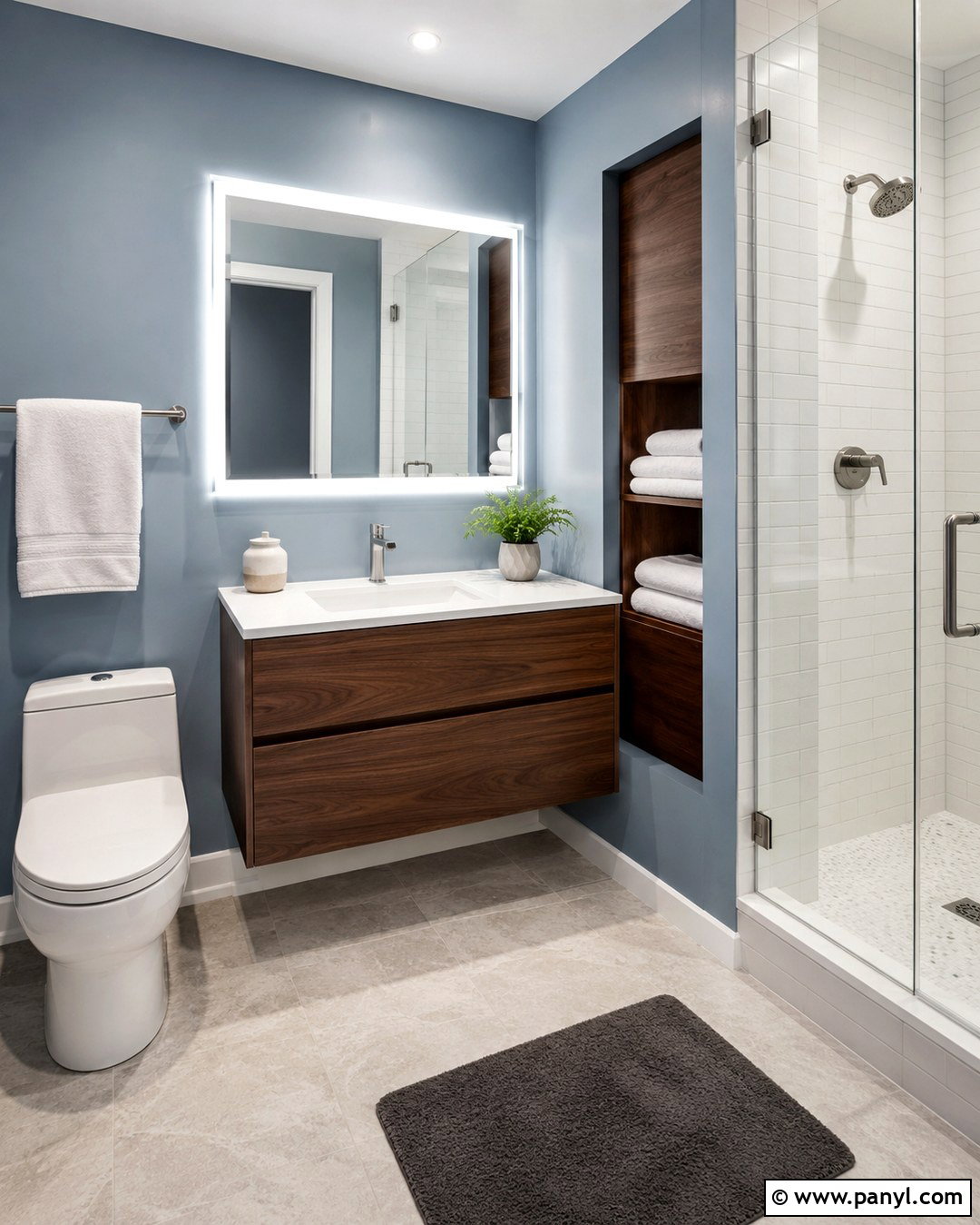 Gray Walls With Floating Wood Vanity - 20 Small Bathroom With Gray Walls
