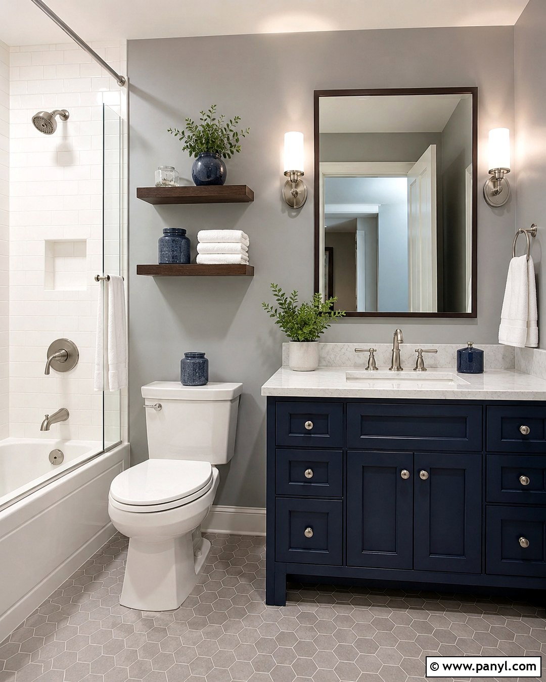 Gray Walls With Navy Blue Vanity - 20 Small Bathroom With Gray Walls
