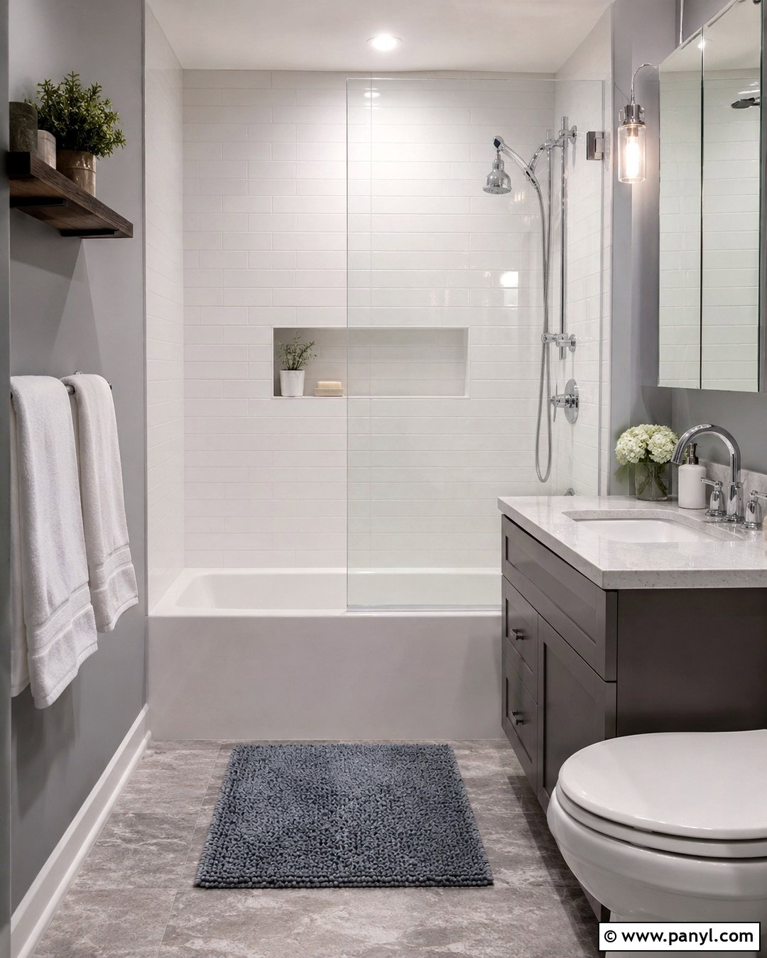 Gray Walls With Tub Shower Combination - 20 Small Bathroom With Gray Walls