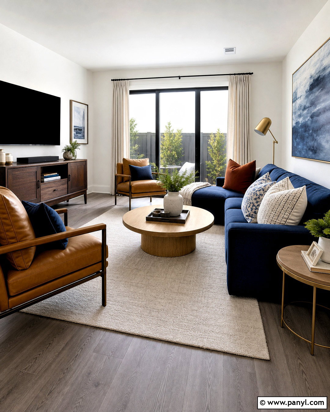 Gray Wood Floors With A Navy Blue Sofa - 20 gray wood floors living room decor ideas