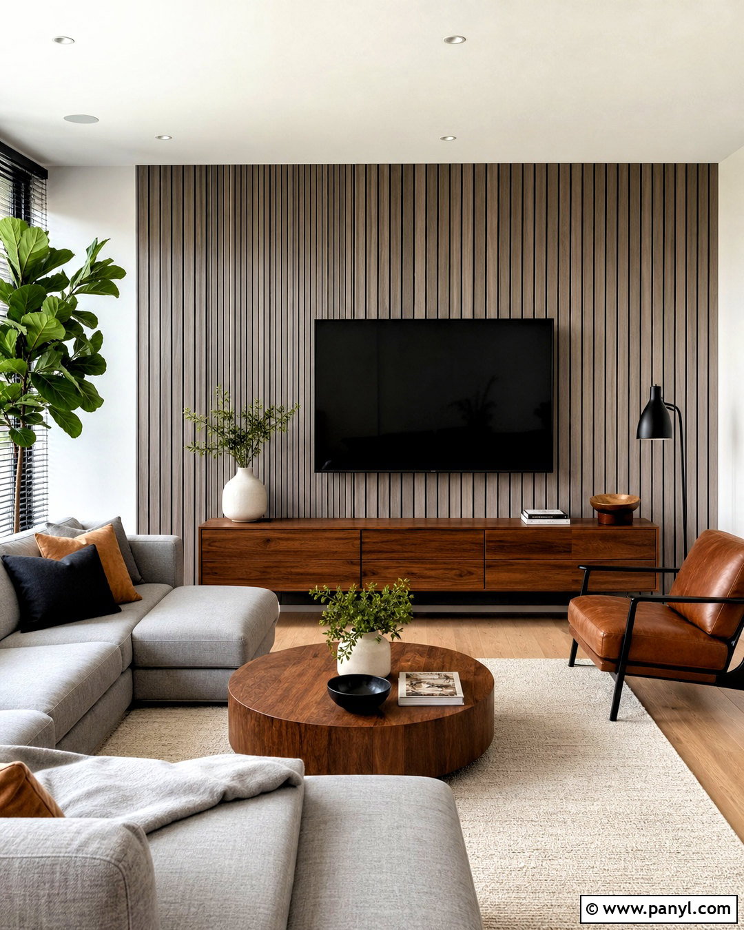 Gray Wood Slat TV Wall - 20 accent wall gray living room ideas