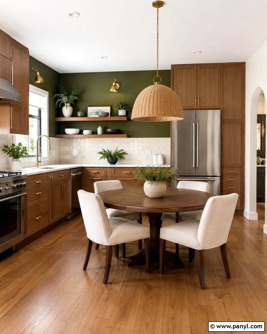 Green Accent Wall With Brown Cabinets - 20 Green Wall Brown Cabinet Kitchen Ideas