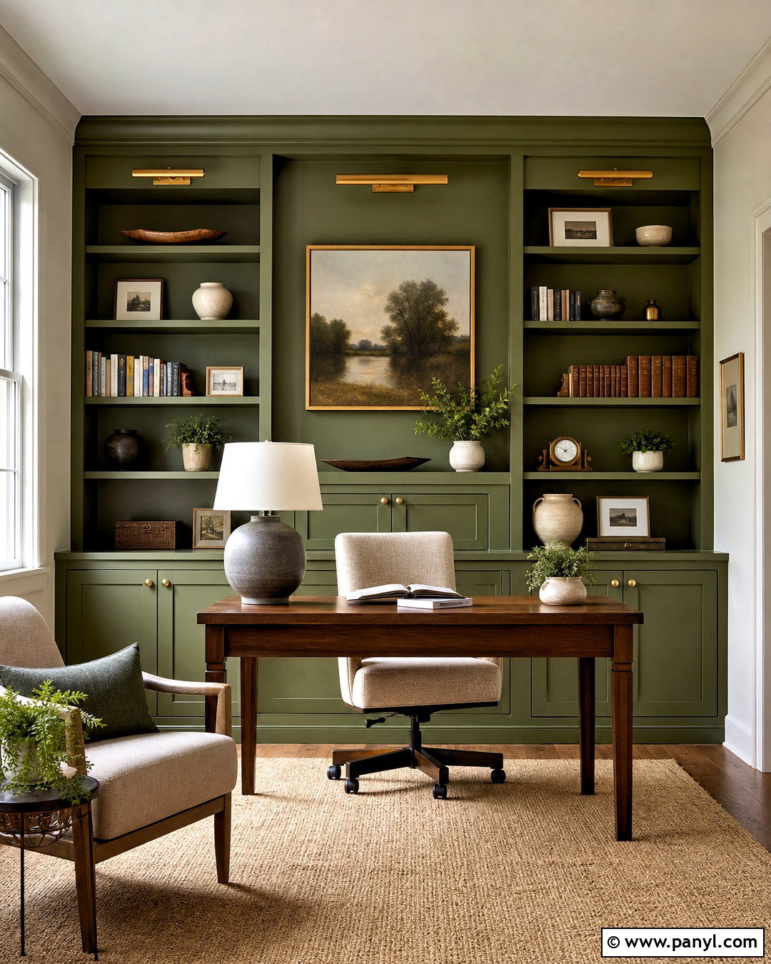Green Accent Wall With Built-In Shelves - 20 green accent wall office ideas