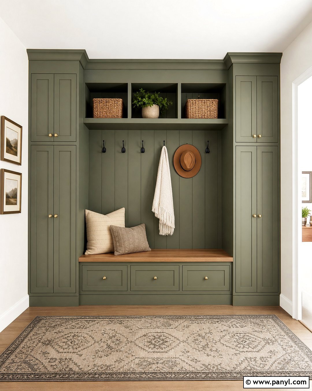 Green Accent Wall With Built In Storage - 20 Green Accent Wall Foyer Ideas