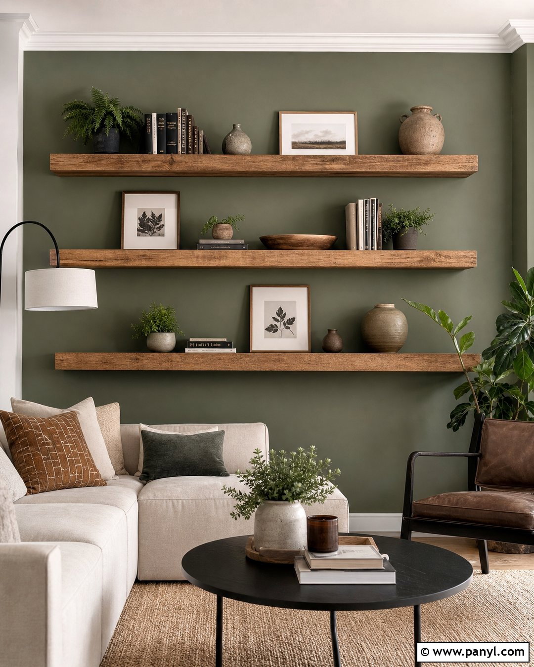Green Accent Wall With Floating Shelves - 50 green accent wall ideas