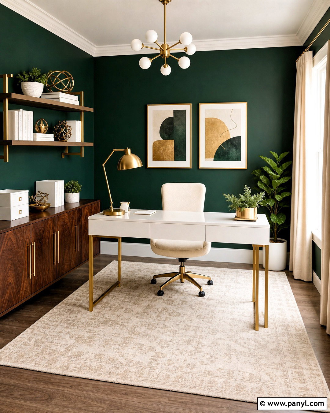 Green Accent Wall With Gold Decor - 20 green accent wall office ideas