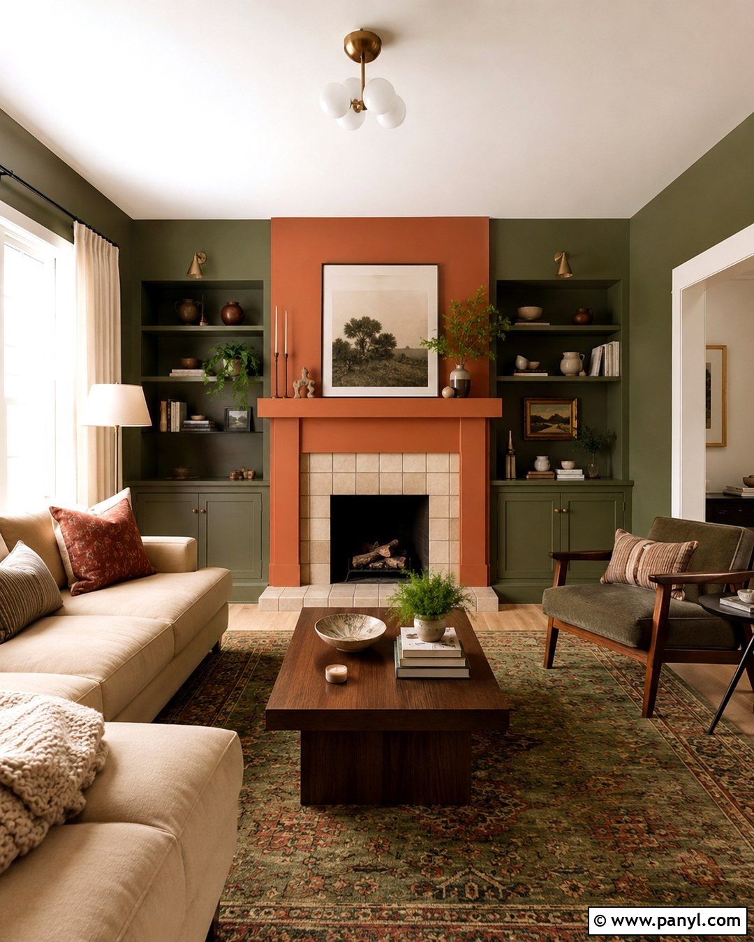 Green Accent Wall With Orange Fireplace - 20 Orange And Green Accent Wall Ideas