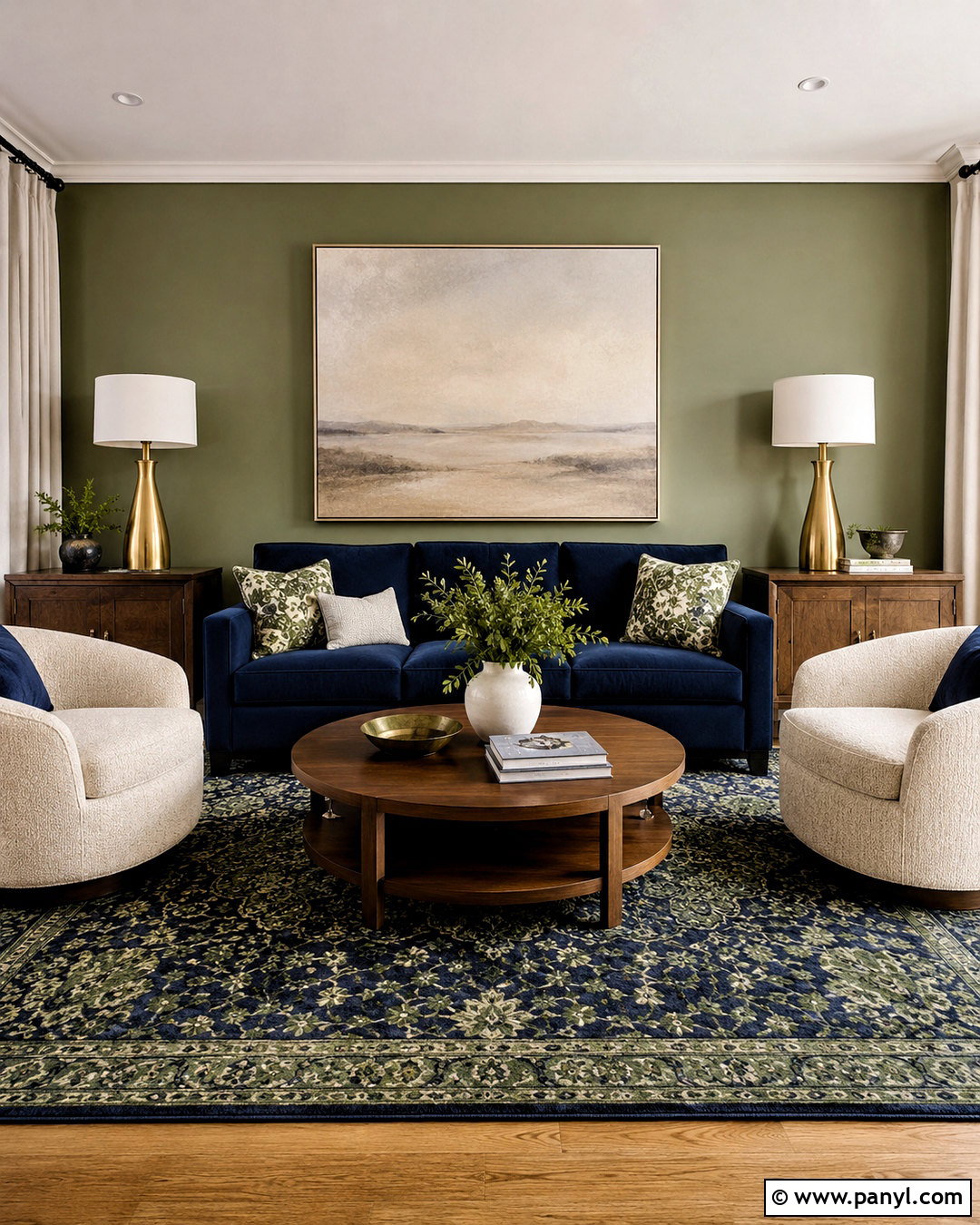 Green Accent Wall With a Navy Sofa - 20 navy blue and green living room ideas
