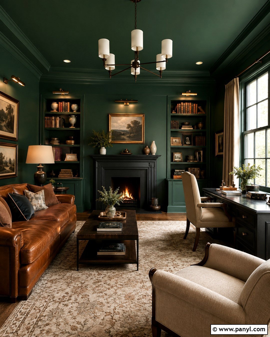 Green And Black Color Drenched Library - 20 Green And Black Painted Room Ideas