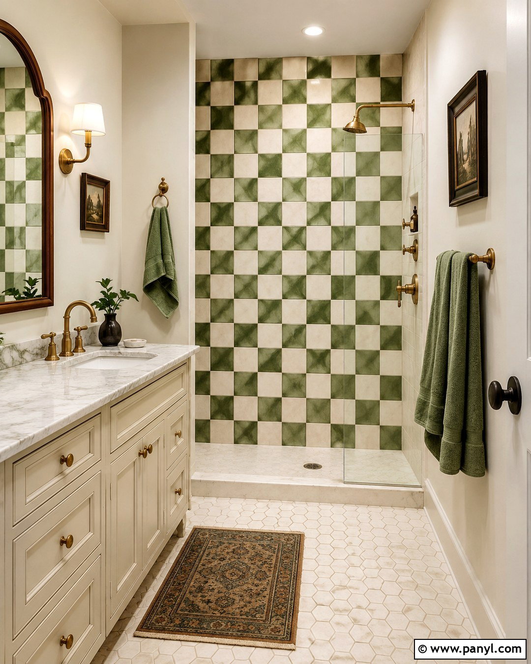 Green And Cream Checkerboard Shower Wall - 20 Green Accent Wall Shower Ideas