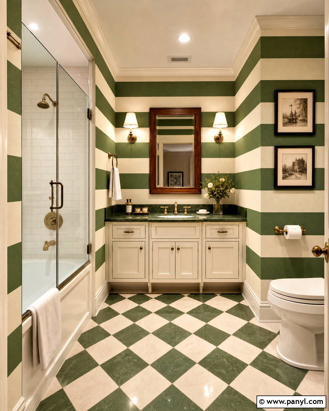 Green And Cream Horizontal Bathroom Stripes - 20 striped bathroom walls