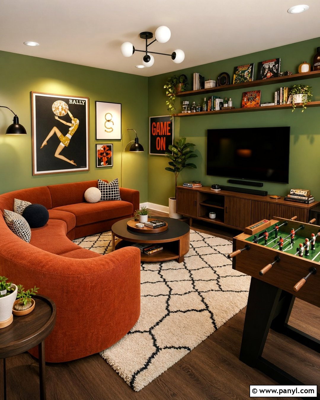 Green And Orange Retro Game Room - 20 Green Wall Game Room Ideas