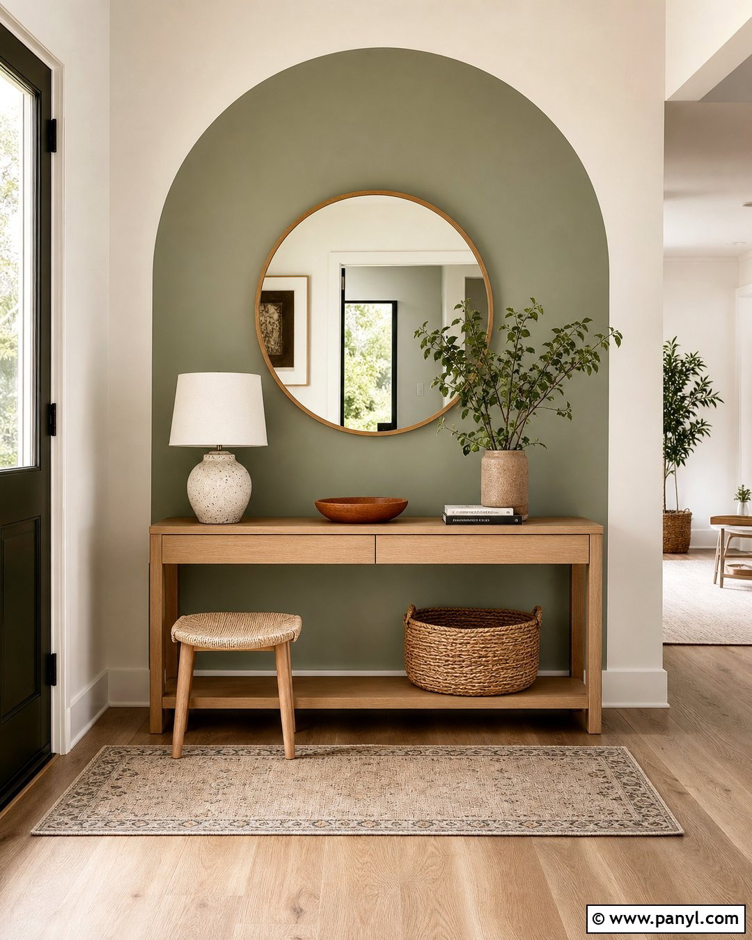 Green Arch Accent Wall Behind A Console - 20 Green Accent Wall Foyer Ideas