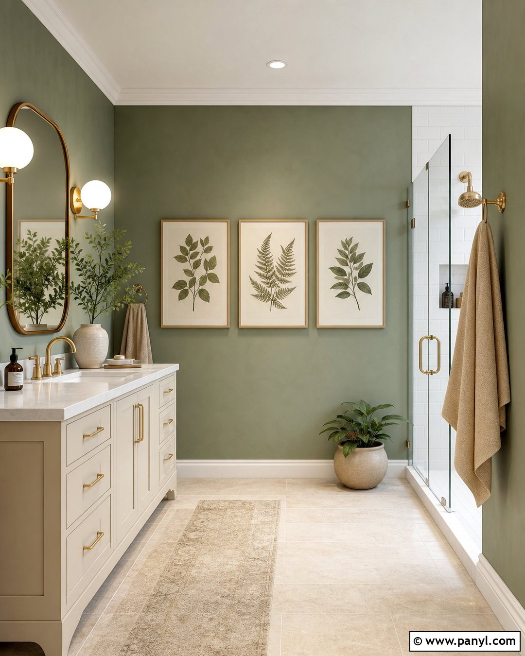 Green Bathroom Walls With Botanical Art - 35 Bathroom Green Walls