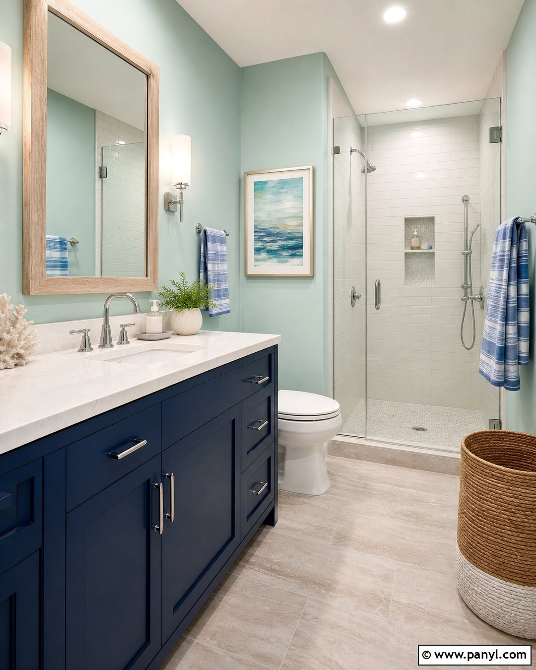 Green Bathroom Walls With Coastal Blue Accents - 35 Bathroom Green Walls